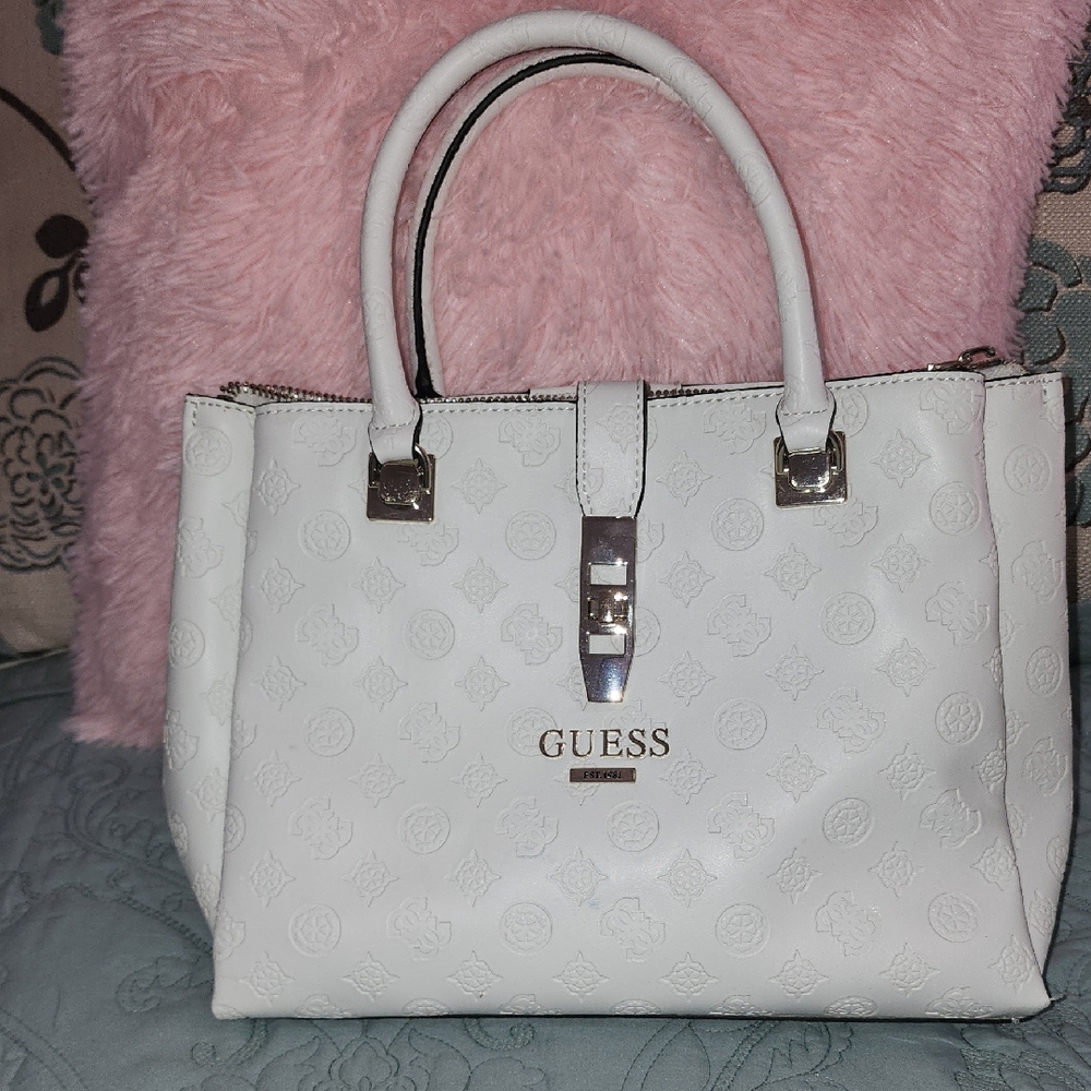 GUESS Brand White Satchel with Structured Design and Top Handles and Chain Strap
